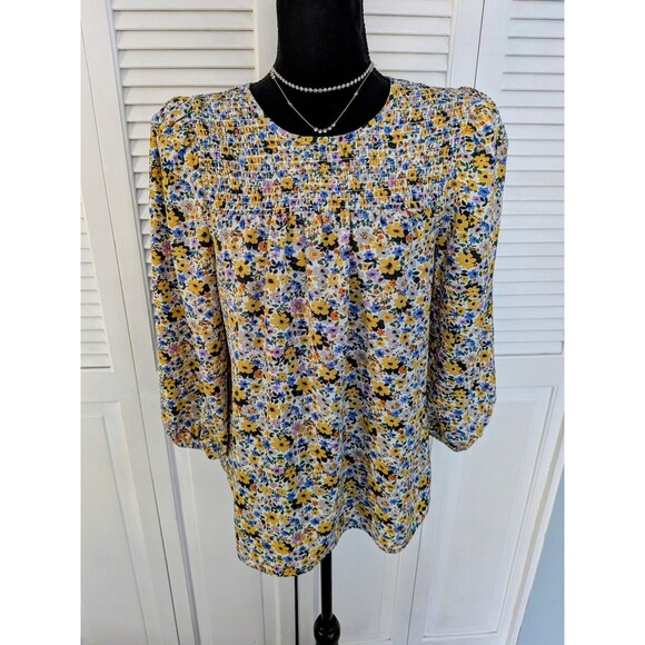 Pleione Anthropologie Women M Multicolor Floral Smocked Boho Blouse Cottagecore - Picture 1 of 14